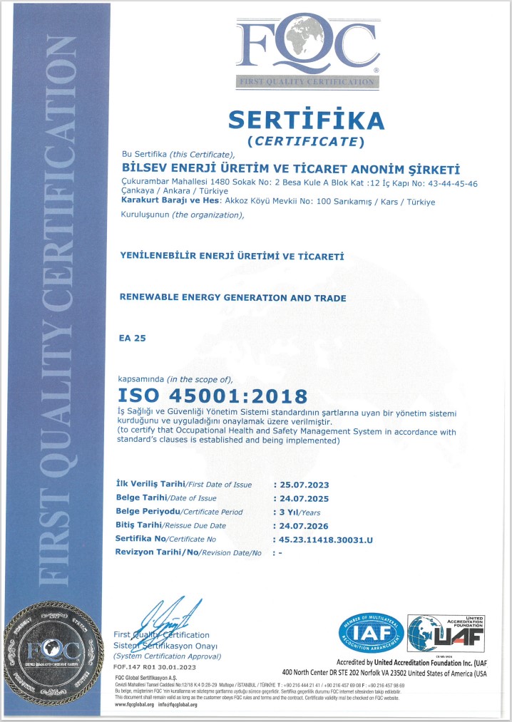 ISO 45001:2018 İş Sağlığı ve Güvenliği Yönetim Sistemi | BİLSEV ENERJİ ÜRETİM VE TİCARET A.Ş.
