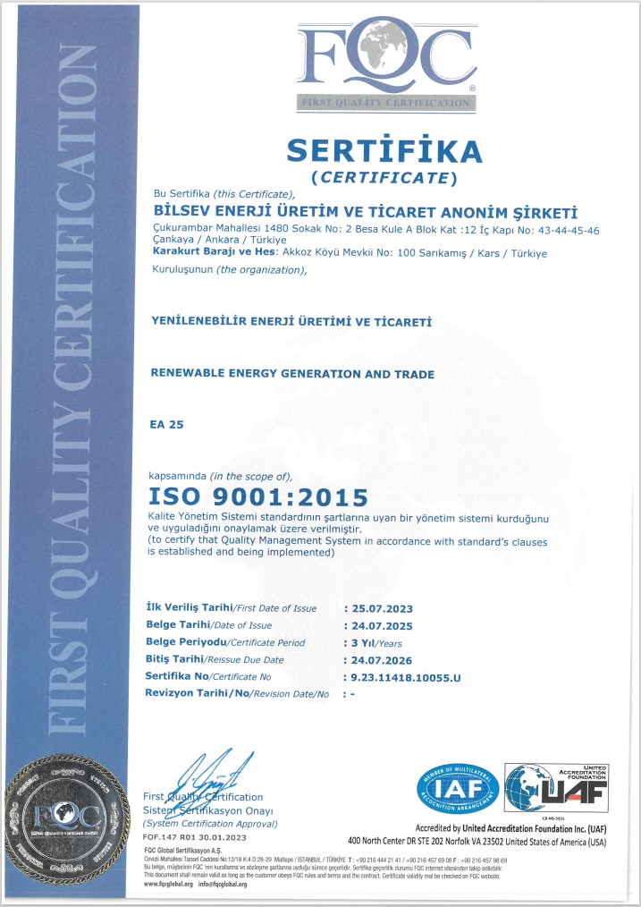 ISO 9001:2015 Kalite Yönetim Sistemi | BİLSEV ENERJİ ÜRETİM VE TİCARET A.Ş.