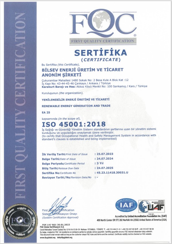 ISO 45001:2018 İş Sağlığı ve Güvenliği Yönetim Sistemi | BİLSEV ENERJİ ÜRETİM VE TİCARET A.Ş.