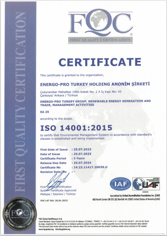 ISO 14001:2015 Çevre Yönetim Sistemi | ENERGO-PRO TURKEY HOLDİNG A.Ş.