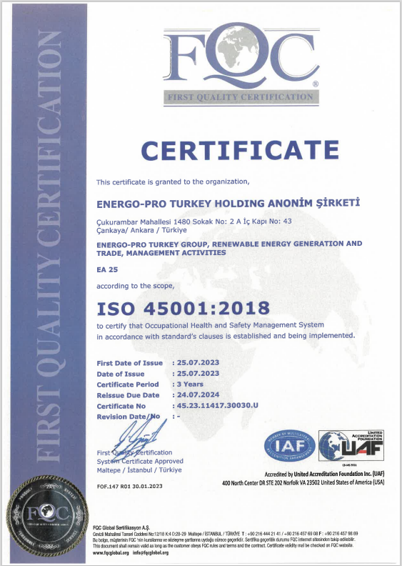 ISO 45001:2018 Occupational Health & Safety Management System | ENERGO-PRO TURKEY HOLDING A.S.