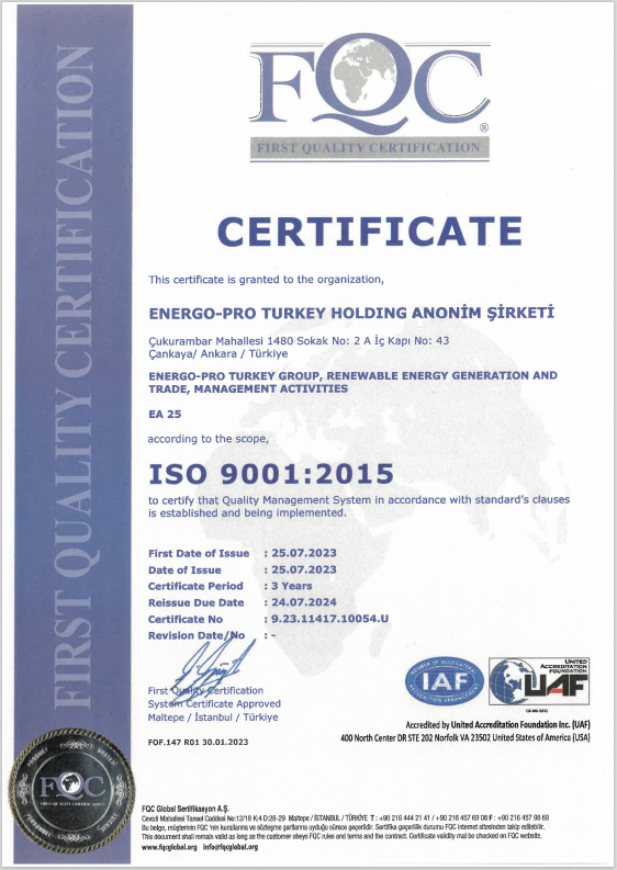 ISO 9001:2015 Kalite Yönetim Sistemi | ENERGO-PRO TURKEY HOLDİNG A.Ş.
