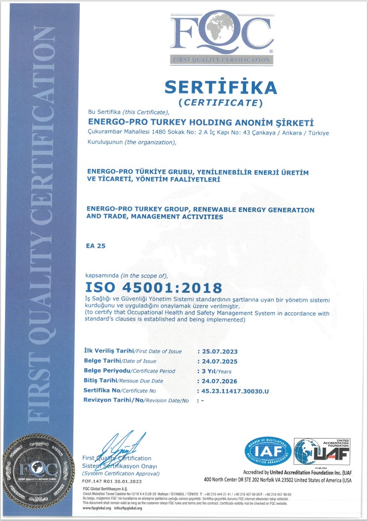 ISO 45001:2018 İş Sağlığı ve Güvenliği Yönetim Sistemi | ENERGO-PRO TURKEY HOLDİNG A.Ş.