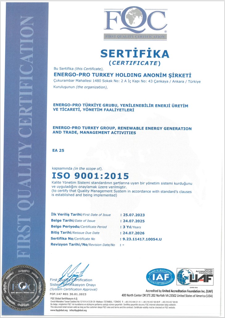 ISO 9001:2015 Kalite Yönetim Sistemi | ENERGO-PRO TURKEY HOLDİNG A.Ş.