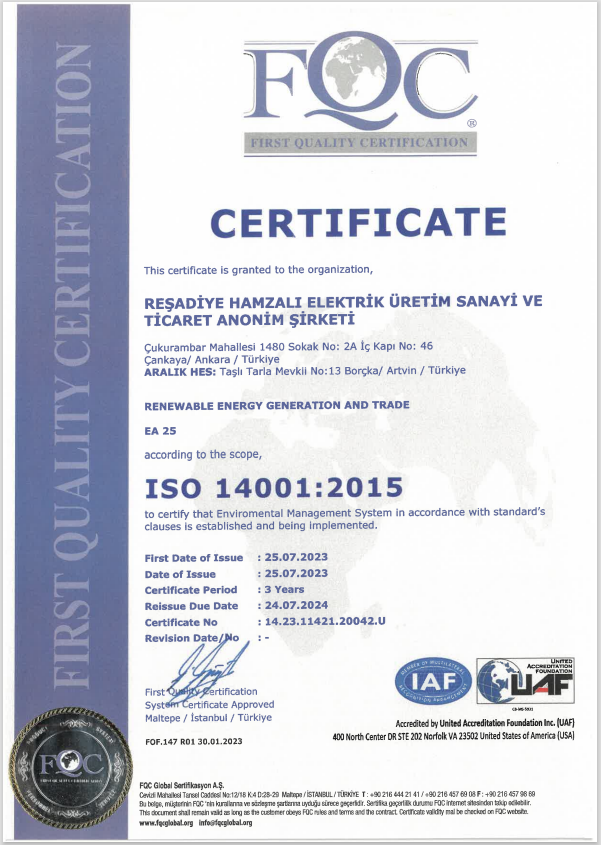 ISO 14001:2015 Çevre Yönetim Sistemi | REŞADIYE HAMZALI ELEKTRIK URETİM SAN. VE TIC. A.Ş. | ARALIK HES