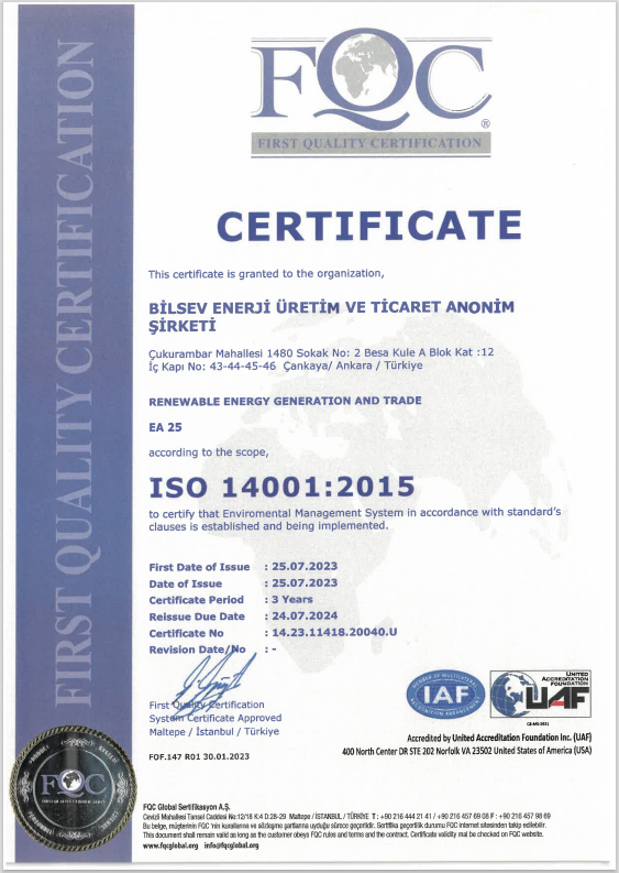 ISO 14001:2015 Enviromental Management System | BILSEV ENERJI URETIM VE TICARET A.S.