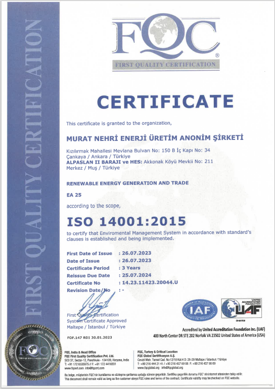 ISO 14001:2015 Enviromental Management System | MURAT NEHRI ENERJI ÜRETİM A.S.