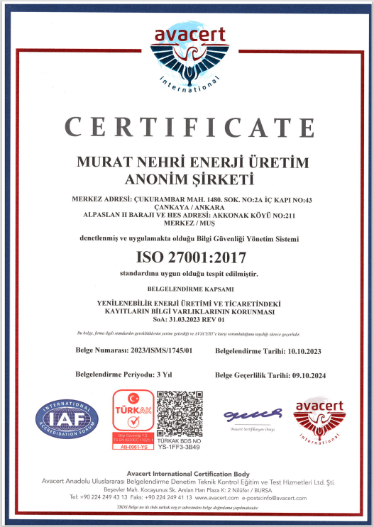 ISO 27001:2017 Information Security Management System |  MURAT NEHRI ENERJI URETIM A.S.