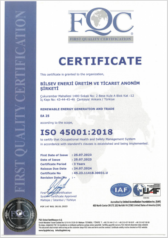 ISO 45001:2018 Occupational Health & Safety Management System | BILSEV ENERJI URETIM VE TICARET A.S.