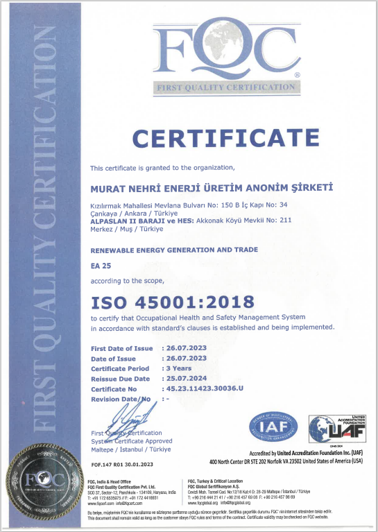 ISO 45001:2018 Occupational Health & Safety Management System | MURAT NEHRI ENERJI URETIM A.S.