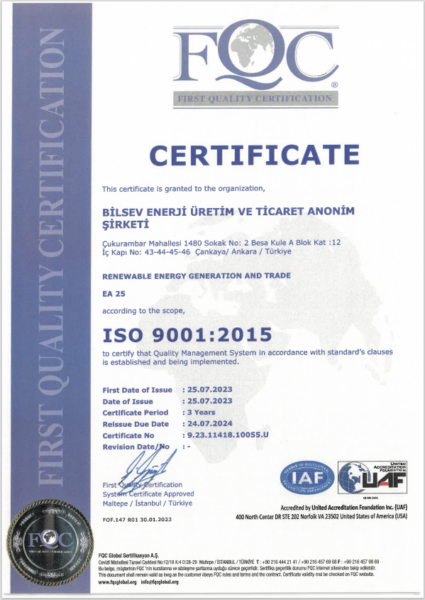 ISO 9001:2015 QUALITY MANAGEMENT SYSTEM | BILSEV ENERJI URETIM VE TICARET A.S.