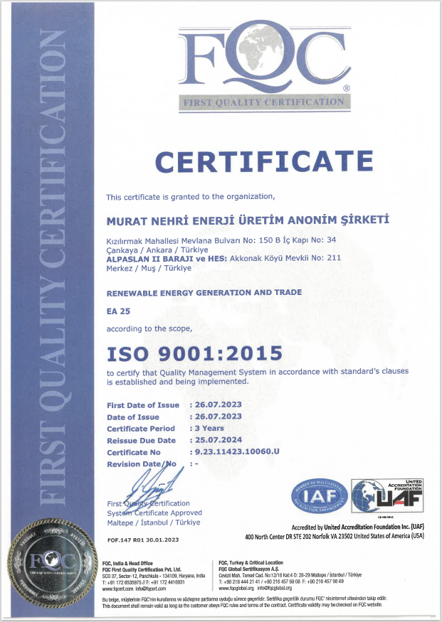 ISO 9001:2015 Kalite Yönetim Sistemi | MURAT NEHRİ ENERJİ ÜRETİM A.Ş.