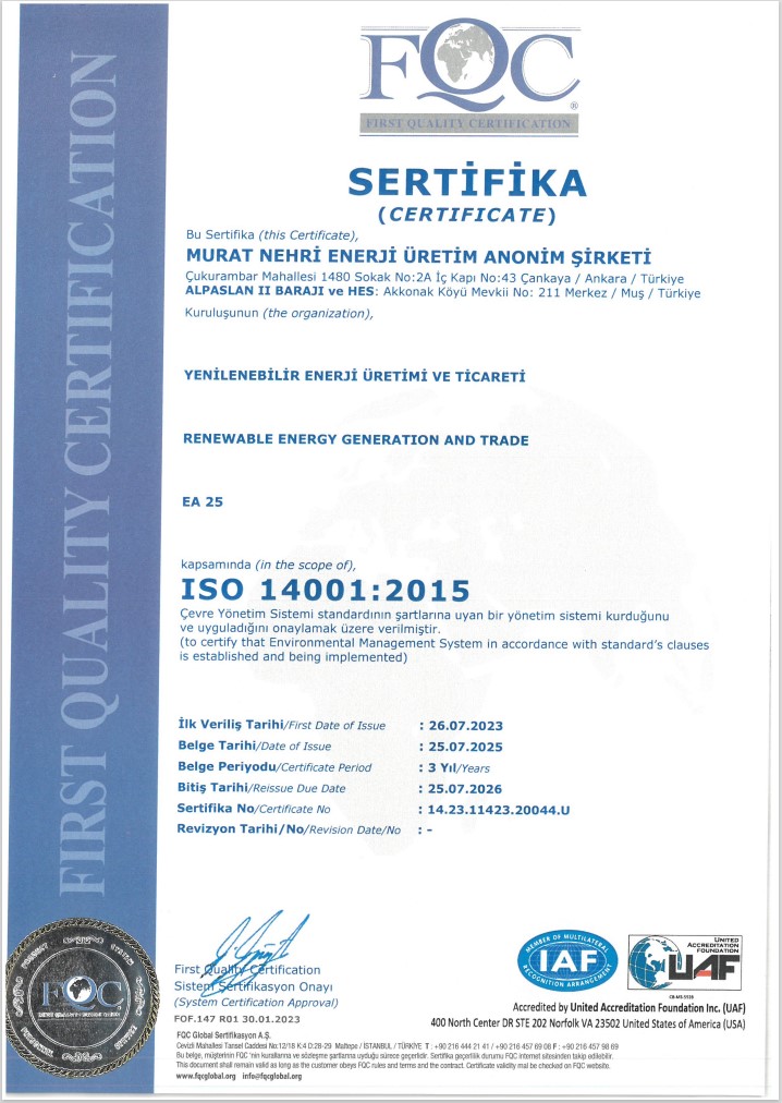 ISO 14001:2015 Çevre Yönetim Sistemi | MURAT NEHRİ ENERJİ ÜRETİM A.Ş.