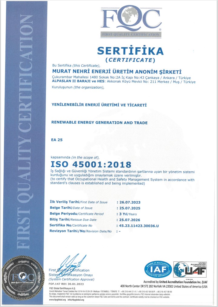 ISO 45001:2018 İş Sağlığı ve Güvenliği Yönetim Sistemi | MURAT NEHRİ ENERJİ ÜRETİM A.Ş.