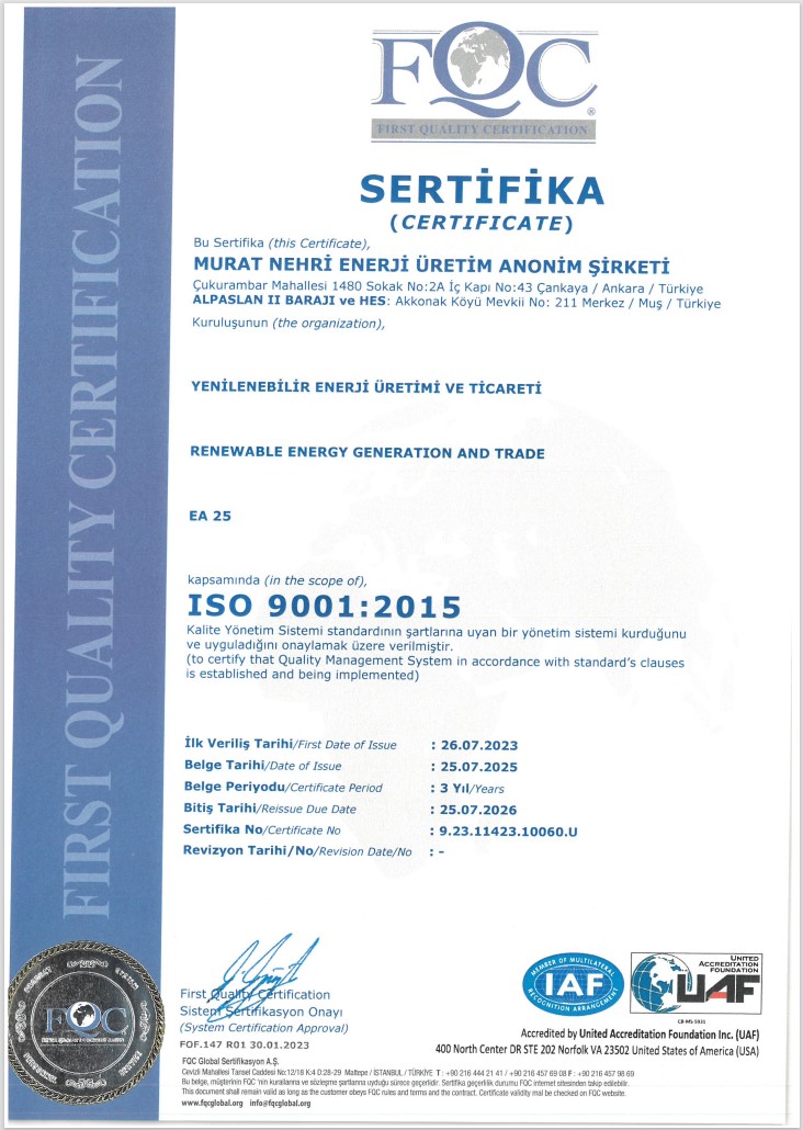 ISO 9001:2015 Kalite Yönetim Sistemi | MURAT NEHRİ ENERJİ ÜRETİM A.Ş.