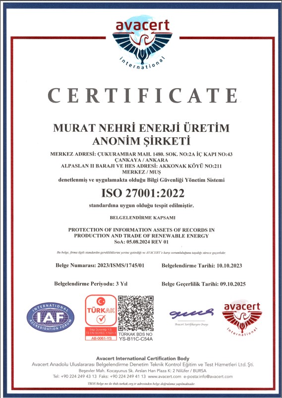 ISO 27001:2022 Bilgi Güvenliği Yönetim Sistemi |  MURAT NEHRİ ENERJİ ÜRETİM A.Ş.